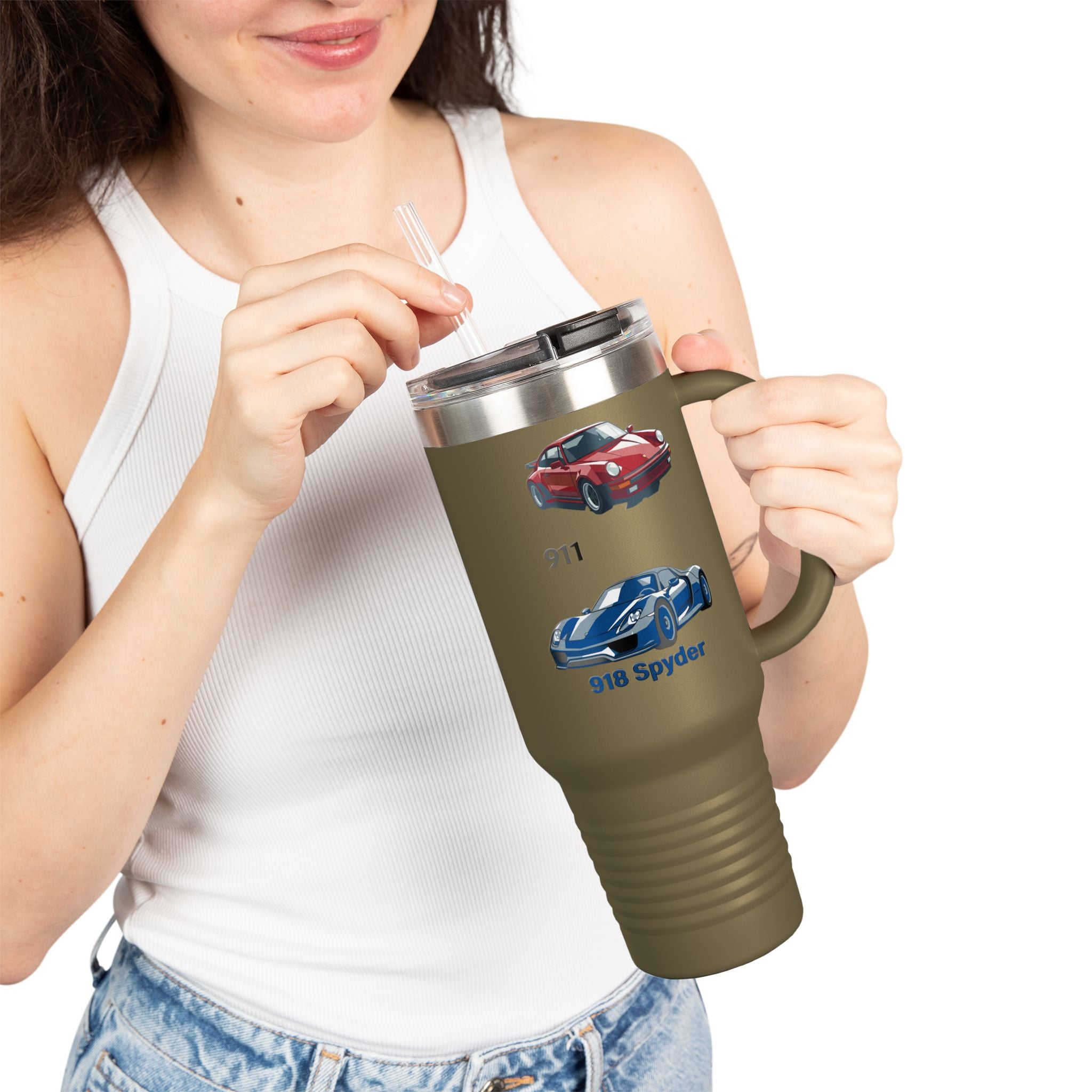 40oz Insulated Travel Mug — Classic Porsche 911 & 918 Spyder Car Design