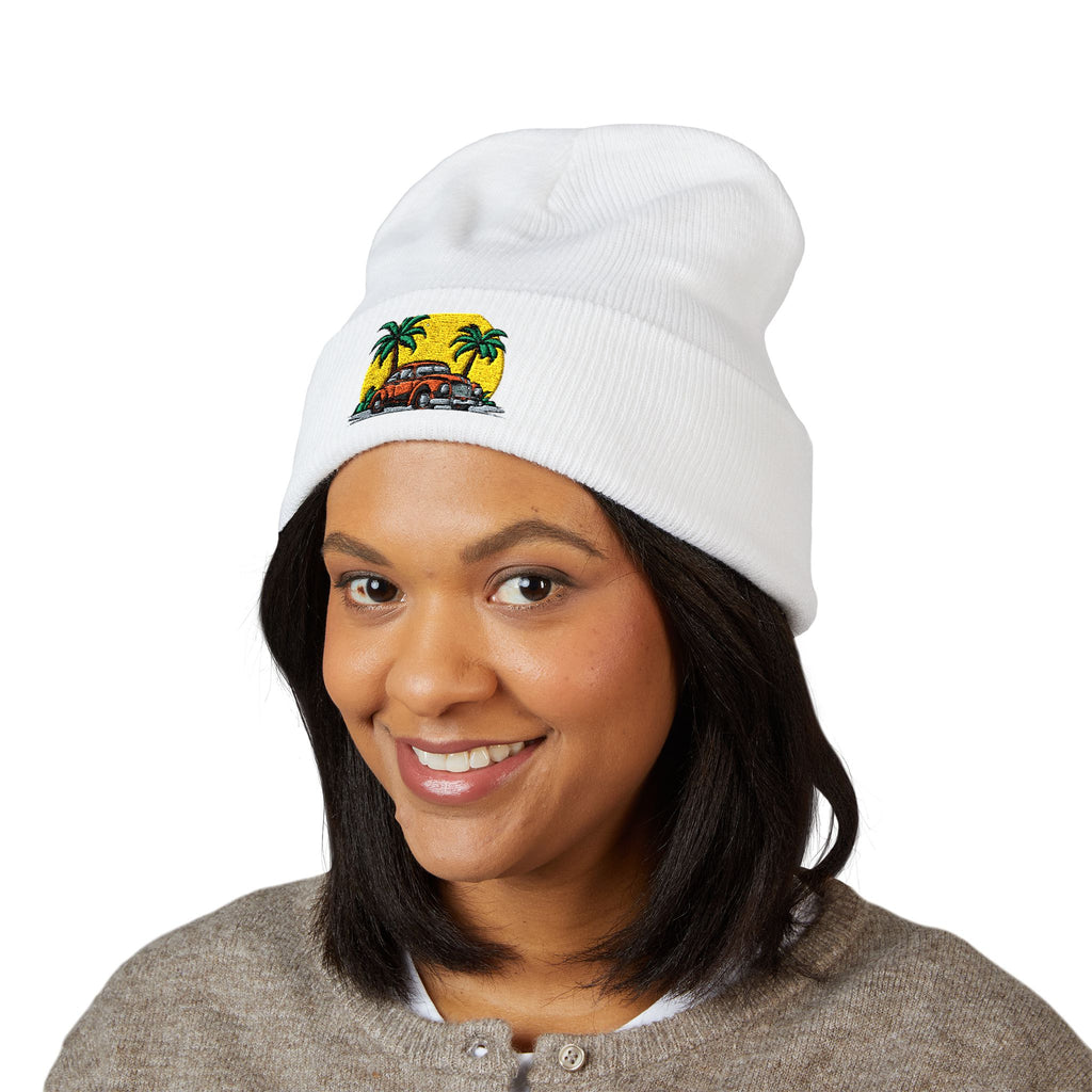 Retro Surf Van Embroidered Beanie — Tropical Palm Sunset Cuffed Hat