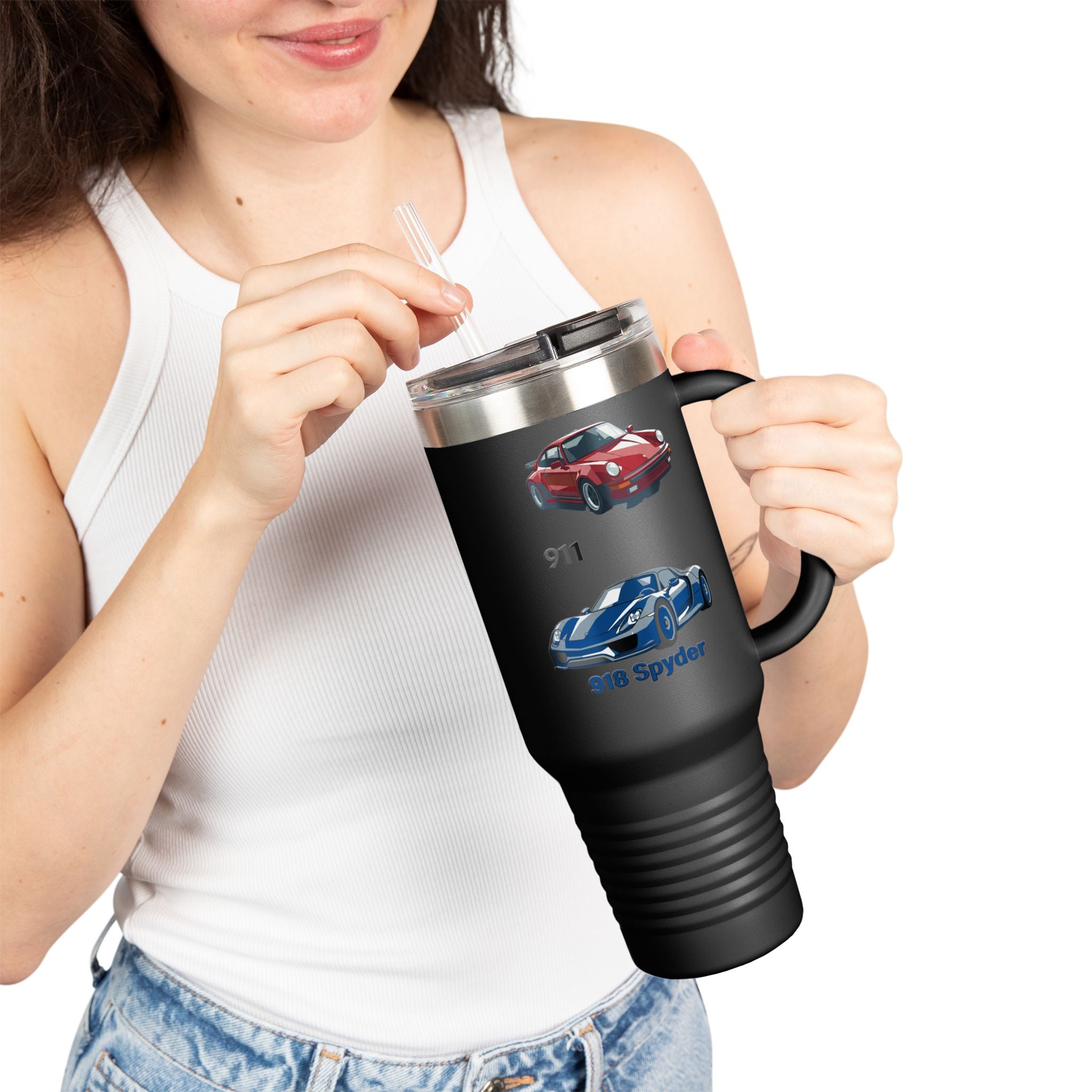 40oz Insulated Travel Mug — Classic Porsche 911 & 918 Spyder Car Design