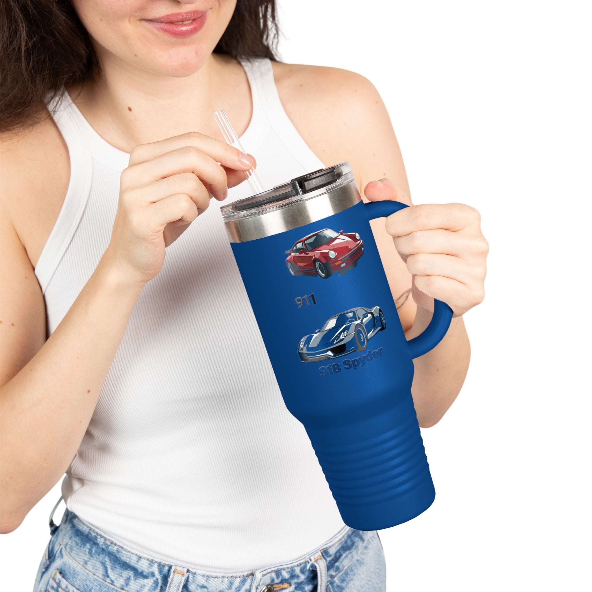 40oz Insulated Travel Mug — Classic Porsche 911 & 918 Spyder Car Design