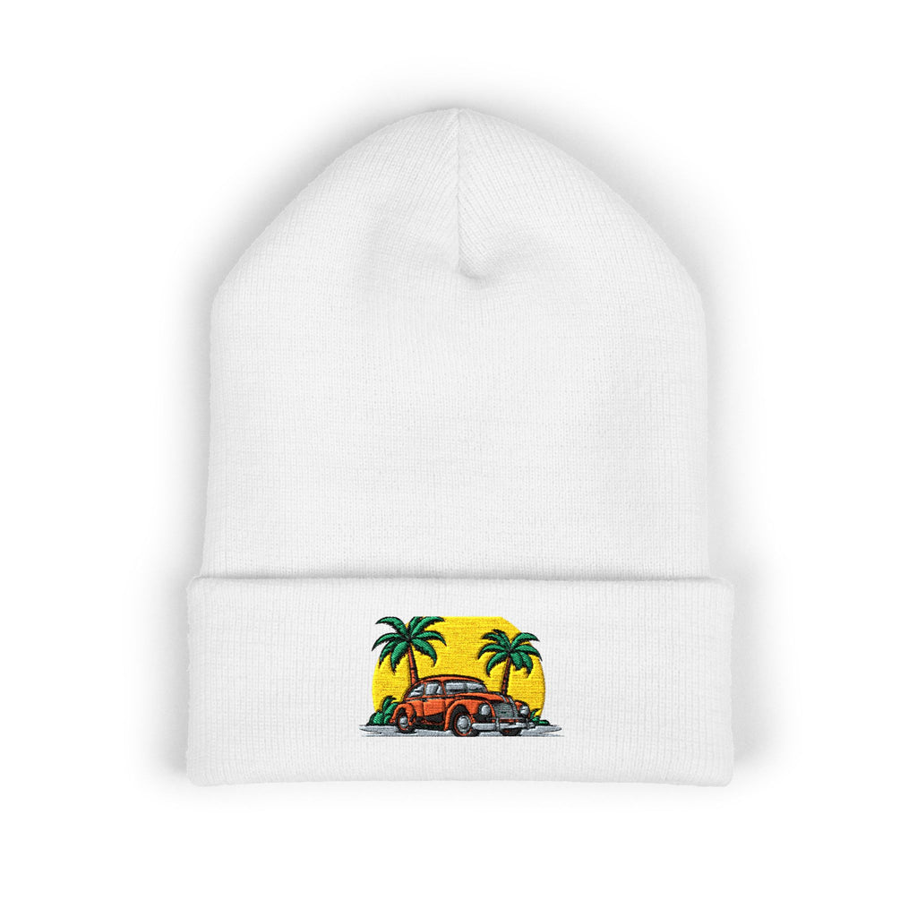 Retro Surf Van Embroidered Beanie — Tropical Palm Sunset Cuffed Hat