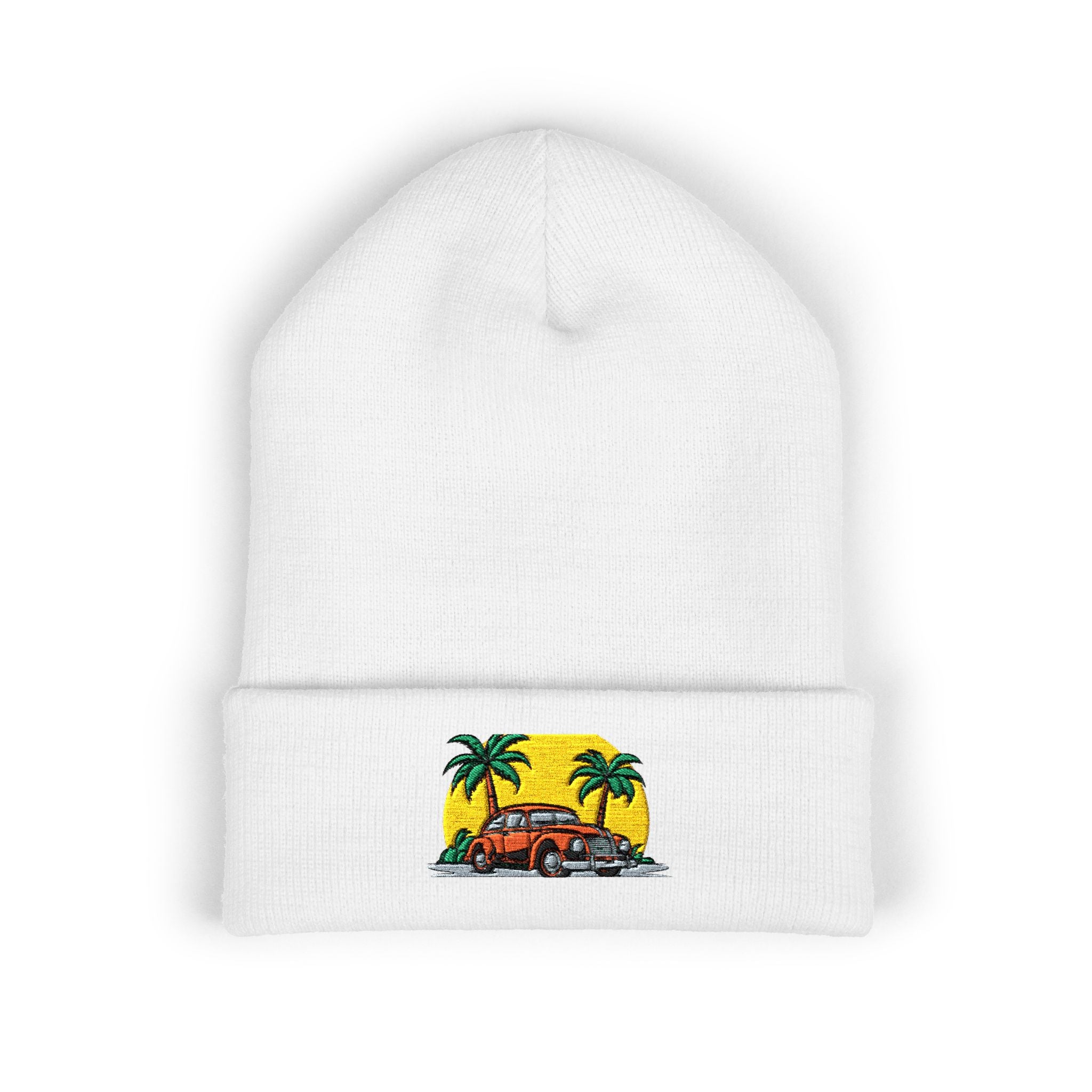 Retro Surf Van Embroidered Beanie — Tropical Palm Sunset Cuffed Hat