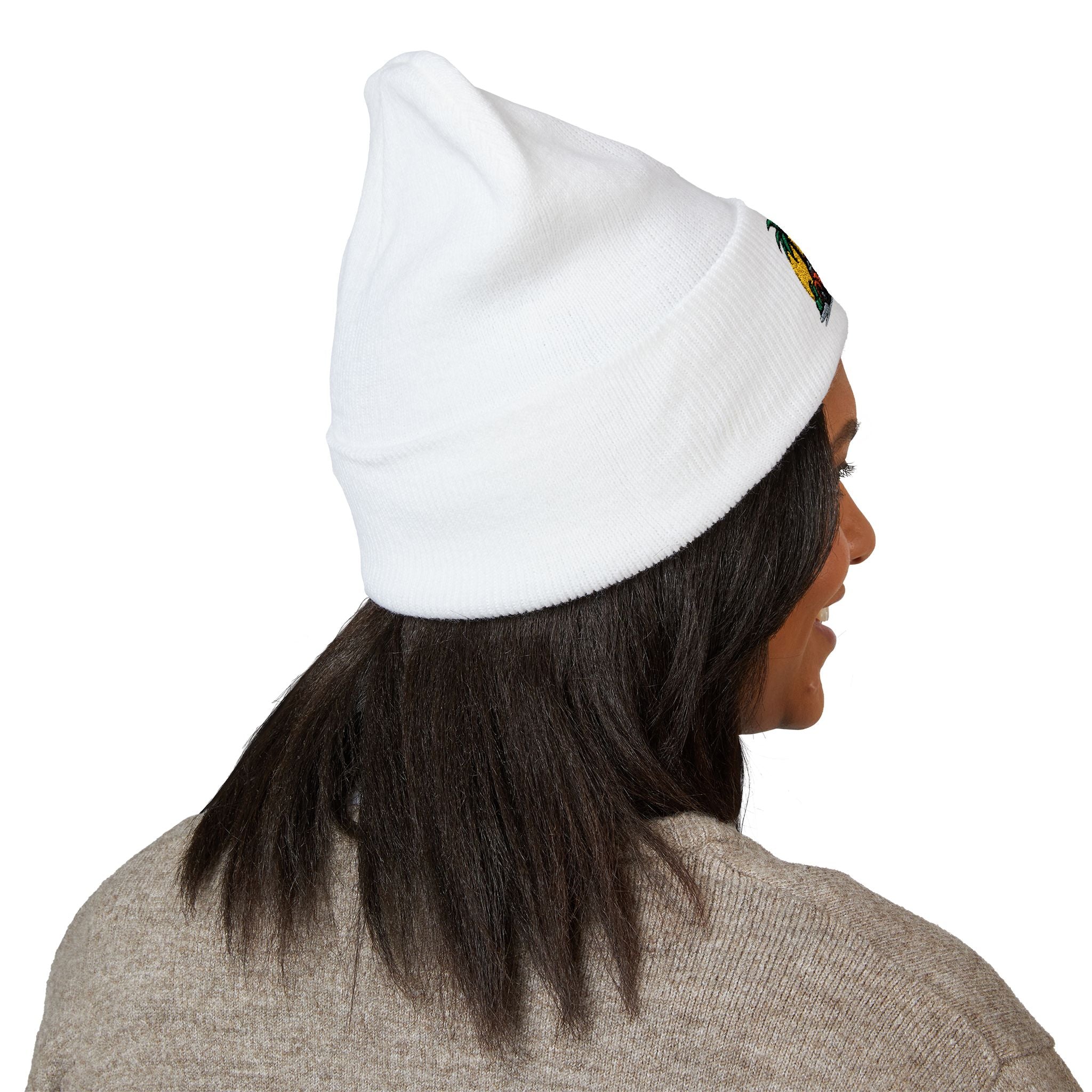 Retro Surf Van Embroidered Beanie — Tropical Palm Sunset Cuffed Hat